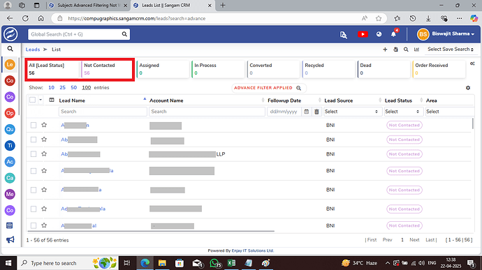 Web CRM filter Result